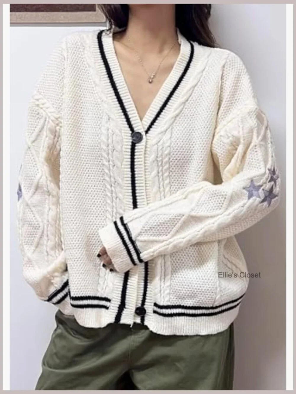 V Neck Loose Fit Knit Cardigan with Star Embroidery Button Down
